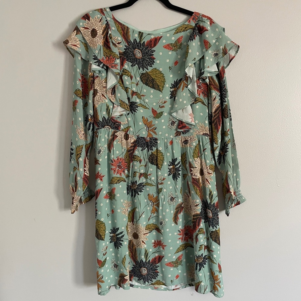 Spartina 449 Women Green Floral Butterfly‎ Ruffle Long Sleeve Mini Dress Small